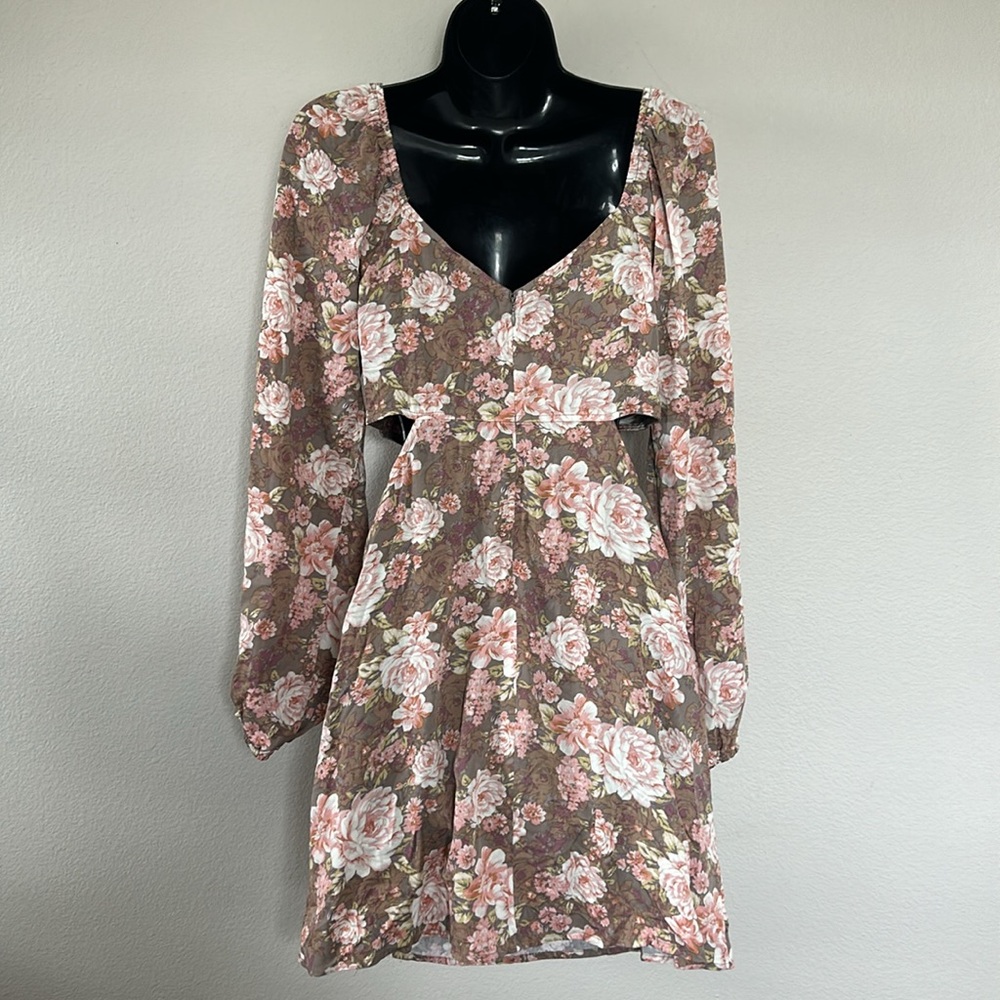 Forever 21 Brown Floral Cut Out Puff Long Sleeve Tie Neck Mini Dress - Picture 13 of 15